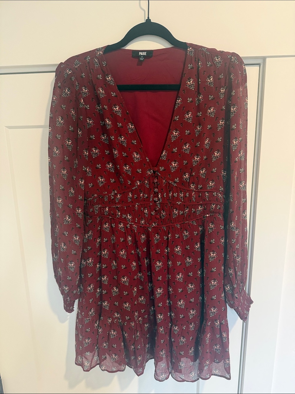 PAIGE Wine Floral Long-Sleeve V-Neck Dress